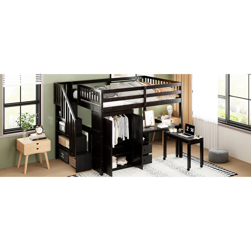 Lit mezzanine - conception d'espace avec escalier, bibliothèque, tiroirs, armoire de bureau. Caractéristiques de rangement robustes