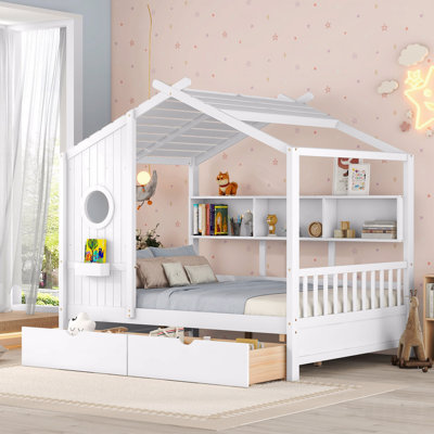 Cadre de lit double en bois avec 2 tiroirs, structure de lit pour enfant avec tablette de rangement