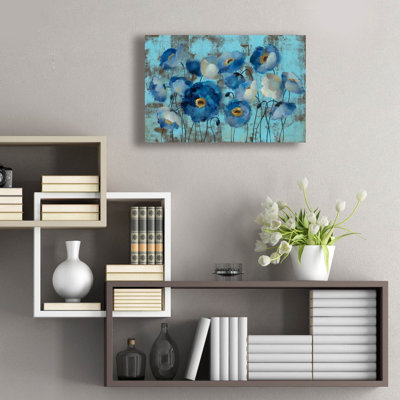 Art mural en verre acrylique épique «Aquamarine Floral On Blue» par Silvia Vassileva, 24 po x 16 po