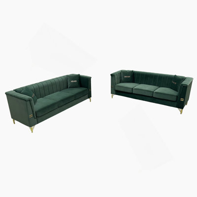 Ensemble de 2 canapés en velours vert, 2 canapés modernes à 3 places avec coussins moelleux et pieds en métal dorés Ensemble de canapé de salon élégant pour les maisons, les appartements et les espaces invités