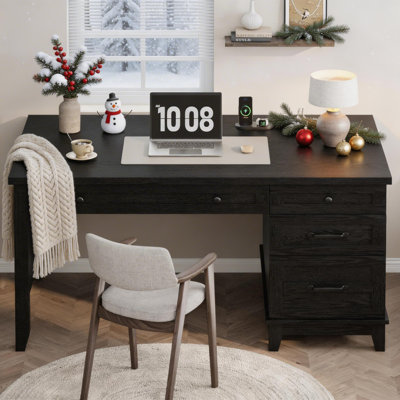 53.5" Farmhouse Home Office Desk with File Cabinet, Wooden Executive Desk with Power Outlet, Work Desk with Drawers,Rectangular Study and Writing Table for Home and Office.