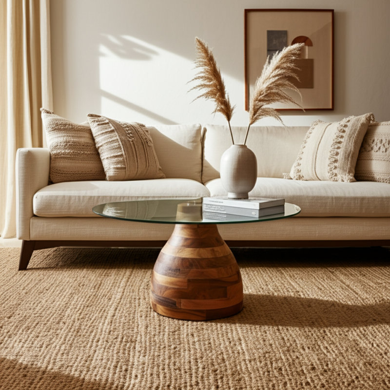 Verniece Coffee Table Wood Glass Metal Base Modern Sculptural Design with Sleek Round Top and Decorative Mixed-Material Construction for Contemporary Versatile Living Room Appeal