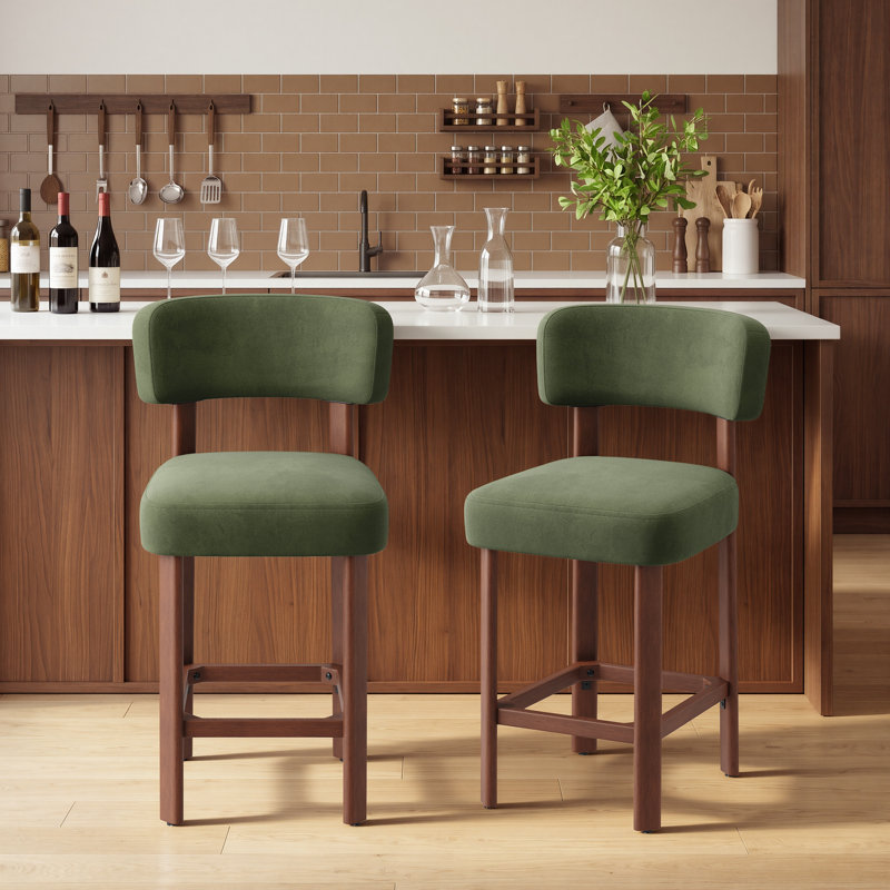 Upholstered Bar Stool with Solid Wood Frame, Green