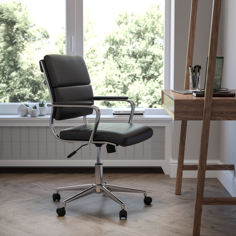 Mid-Back LeatherSoft Contemporary Panel Executive Swivel Office Chair, Black