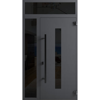 Façade avant en acier pré-suspendue / gris Ronex 0130 / fenêtre extérieure latérale et supérieure en métal / entrée en métal peint moderne l 36 po x H 80 po + 16 po à gauche