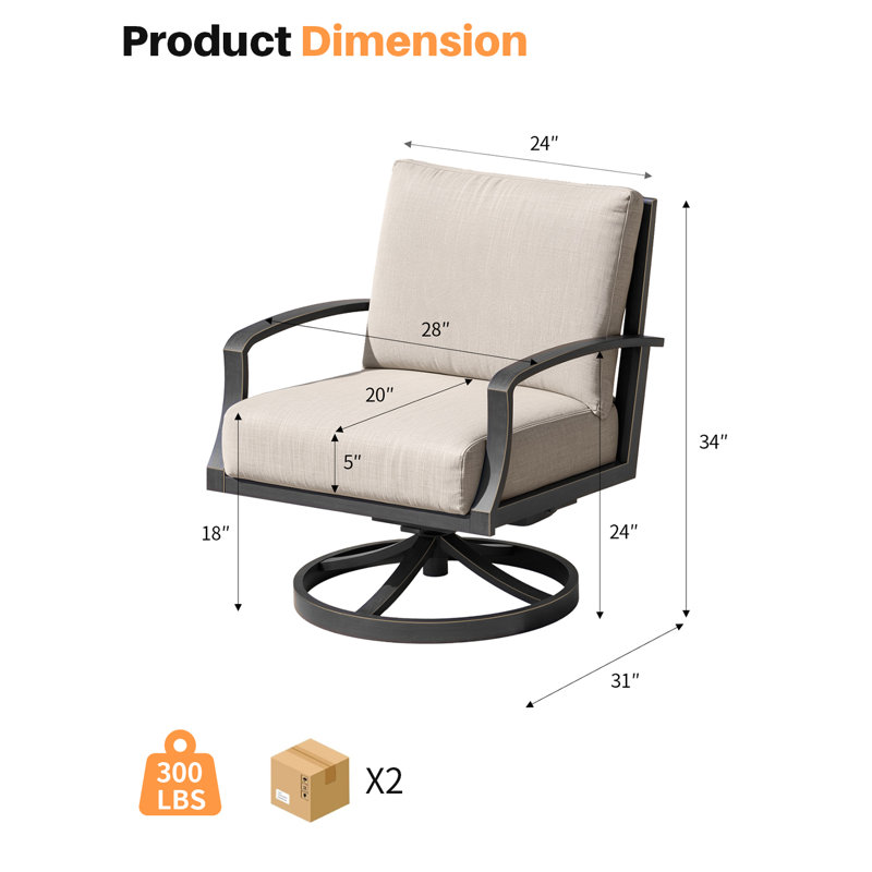 Ensemble de 2 fauteuils pivotants de patio, fauteuils pivotants en aluminium antirouille avec coussin épais, larges assises, fauteuils de jardin pour piscine, véranda, intérieur, bronze foncé