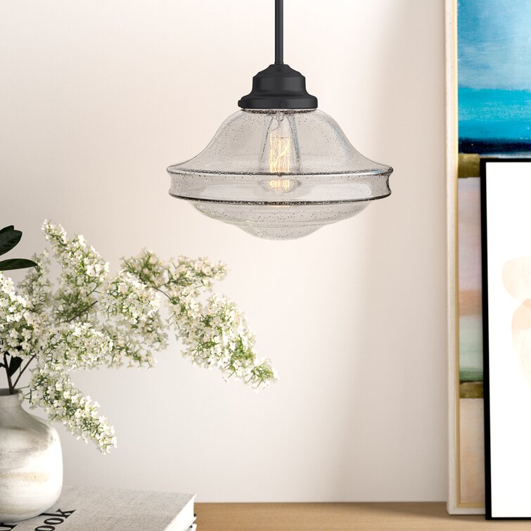 Owen 1 - Light Single Schoolhouse Pendant Beachcrest Home Shade Color: Clear Seed Glass, Finish: Satin Nickel