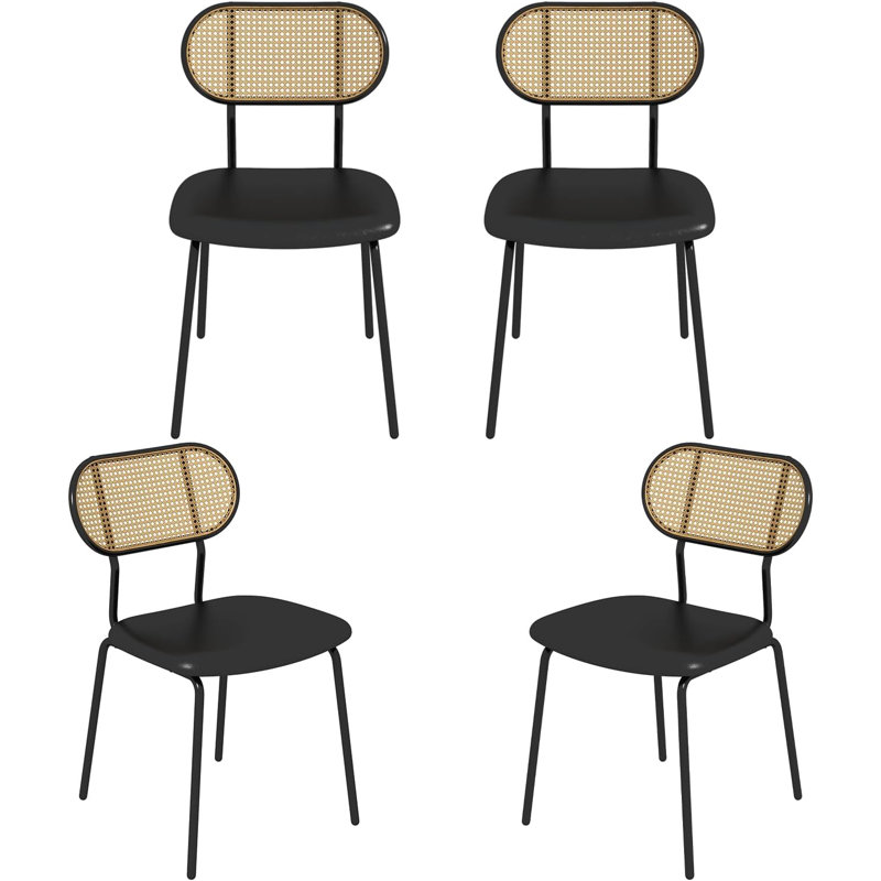 Black Faux Leather and Rattan Dining Chairs Set of 4