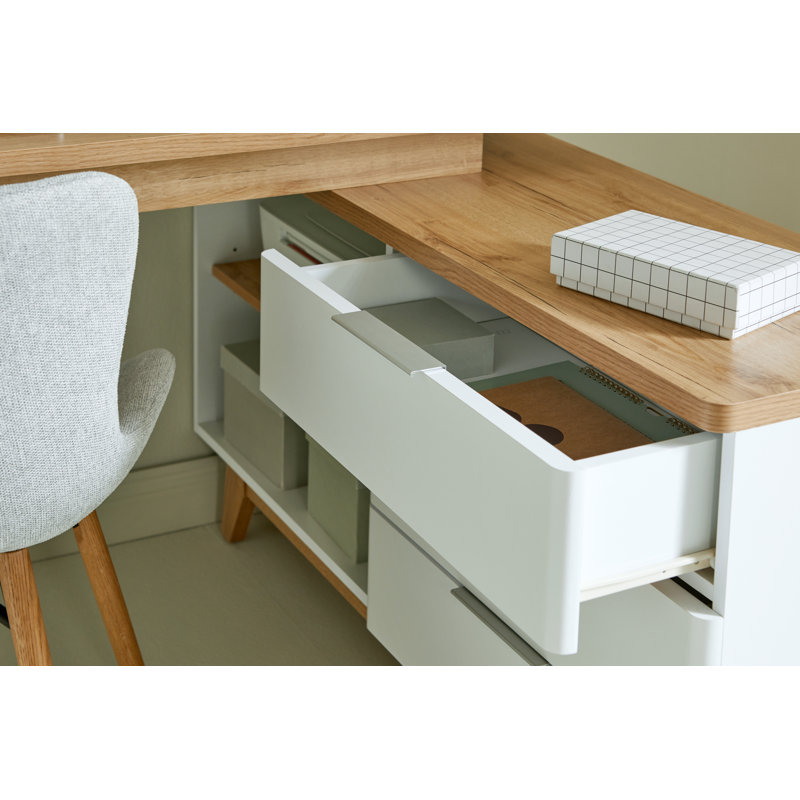Libre 55.12" L-Shaped Writing Desk with Storage Cabinet, Matte White/Oak