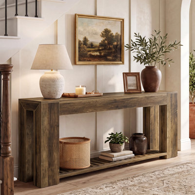 Console d'entrée extra longue de 198 cm avec rangement, table d'appoint étroite en bois à placer derrière le canapé, idéale pour le salon ou le couloir.