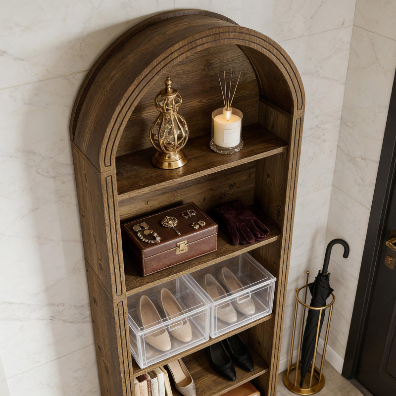 Chic Bookshelf,Wooden Display Shelving Unit,Arched Bookcase, (6 Shelves) 77.22"H x 31.52"W x 11.82"D, Oak