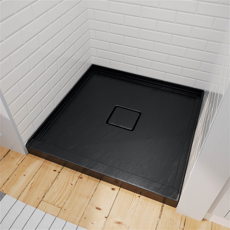 36 In. L X 36 In. W Alcove Square Black Acrylic Bathroom Shower Pan Base In White With Center Drain Hole, Matte Black