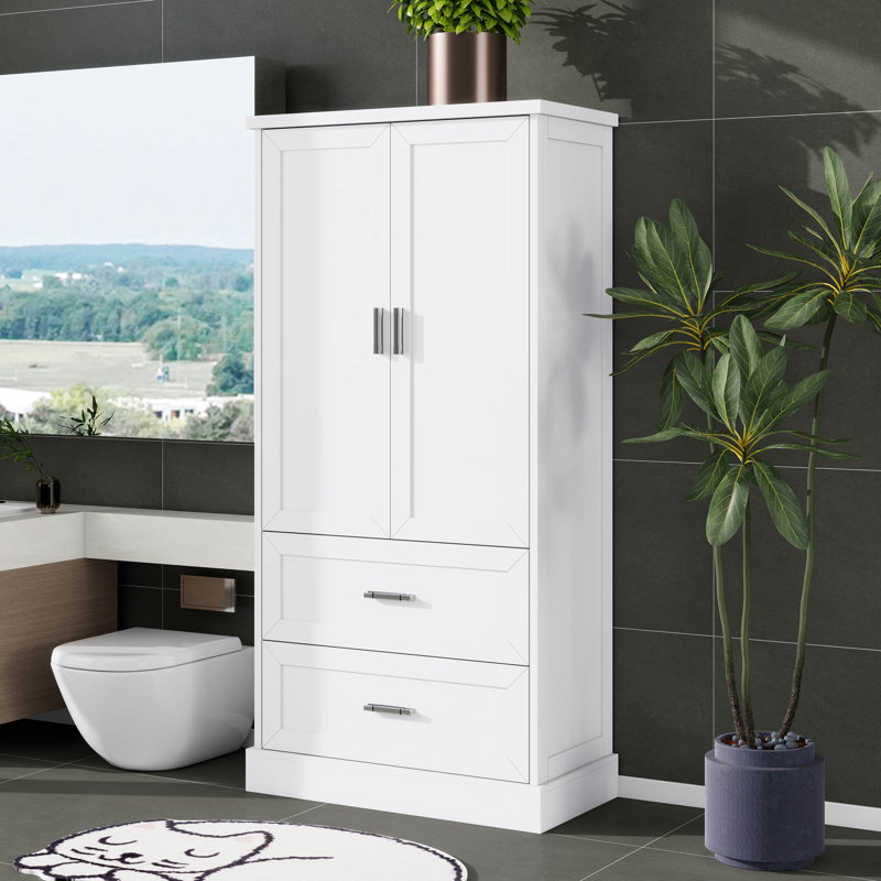 Tall Storage Cabinet, Storage Cabinet With 2 Doors, 2 Drawers, And Adjustable Shelf For Bathroom, Office, Living Room, White