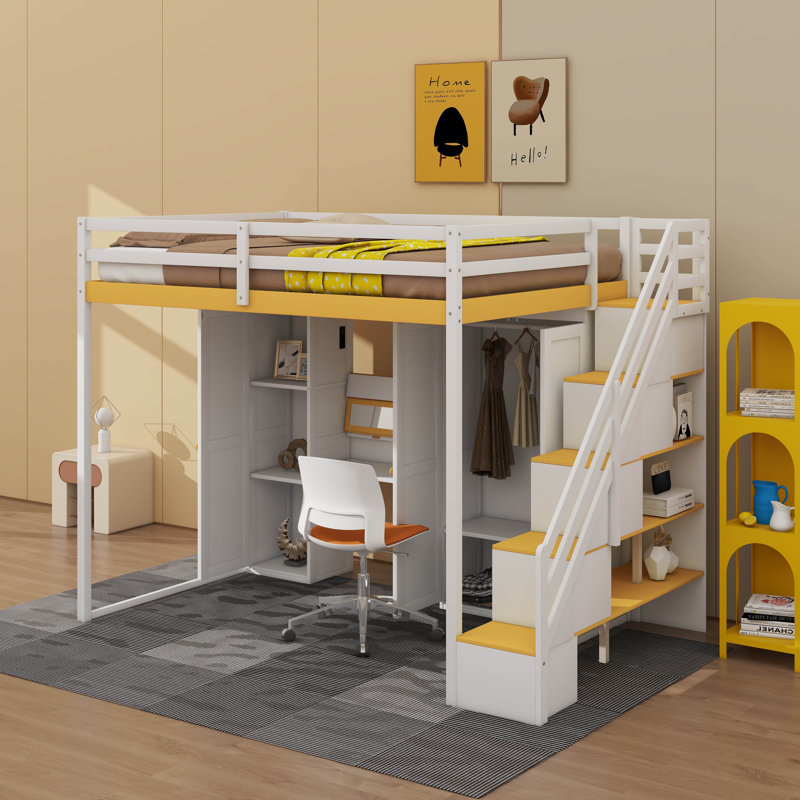 Full Size Loft Bed With Storage Staircase,Built-In Dressing Table With Mirror And Drawer, Wardrobe & Cabinets, USB Charging Ports And Lights