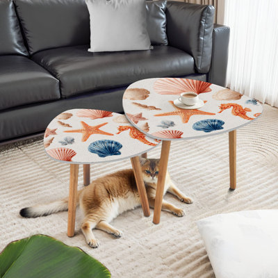 Triangle Nesting Coffee Table Set of 2 Watercolor set seashells crab seahorse starfish bubbles an white hand End Table Modern Minimalist Side Table Set for Living Room Bedroom