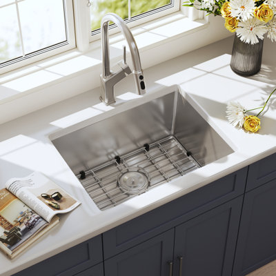 Blenzia 23 Inch Undermount 16 Gauge 304 Stainless Steel Handmade Single Bowl Kitchen Sink with Strainer & Grid 23" x 18" x 9"
