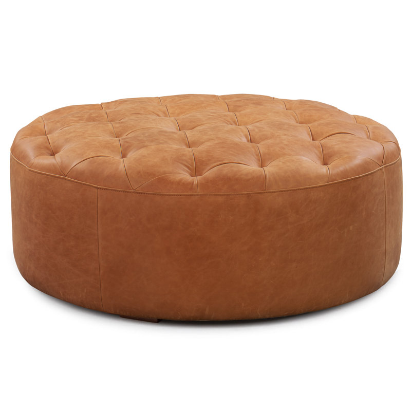 Ascot Full-Grain Genuine Italian Leather Ottoman, Cognac Tan