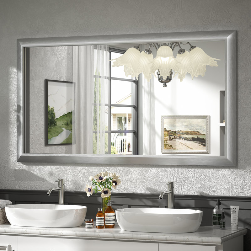 Amara Tempered Glass and Aluminum Alloy Framed Wall Mirror, 55" x 30", Brushed Silver
