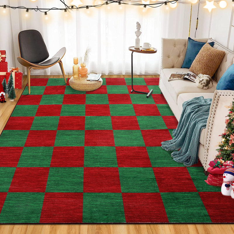 Washable Christmas Rug Checkered Decorative Carpet with Non-Slip Backing, Stain-Resistant Low Pile Floor Mats, Foldable Holiday Indoor Rug for Bedroom, Living Room, Nursery