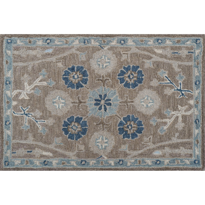 Wren Hand Tufted Wool Floral/Oriental Area Rug in Timber/Beige/Blue, Rectangle 2' x 3'