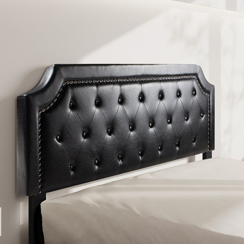 Jashod Bed Frame Upholstered Low Profile Platform Bed with Tufted Faux Leather Headboard, Black, Full