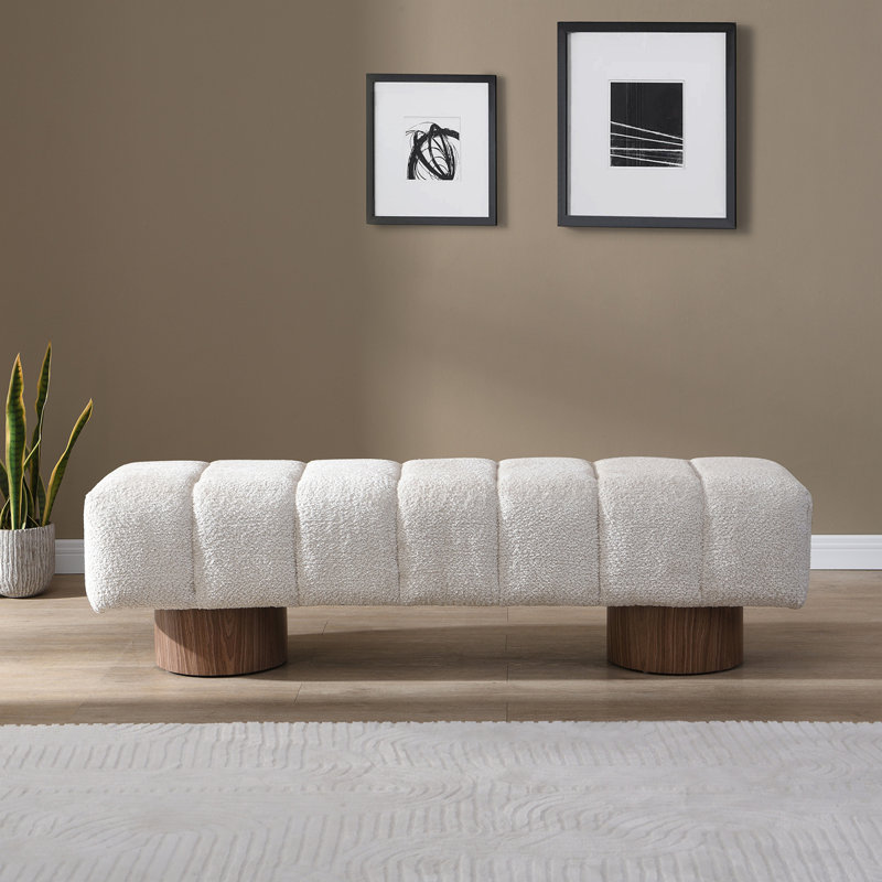Upholstered Dining Bench For Dining Room, No-Assembly End Of Bed Entryway Bench Ottoman For Bedroom Living Room, Faux Fur Fabric Stool Top Wood Leg 300 LBS Weight Capacity