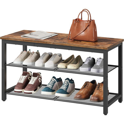 Banc de rangement industriel pour chaussures avec tablettes en filet à 3 niveaux, range-chaussures pour hall d'entrée, brun rustique, assemblage facile, banc de couloir de 29,5 pouces