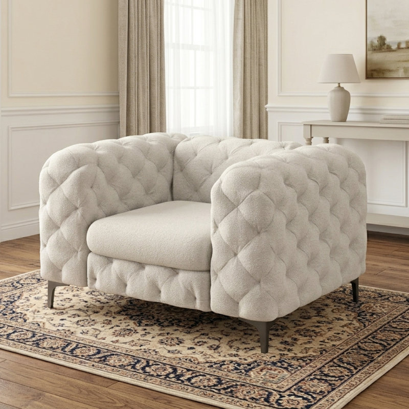 Fauteuil Chesterfield capitonné et rembourré en polyester, Blanc