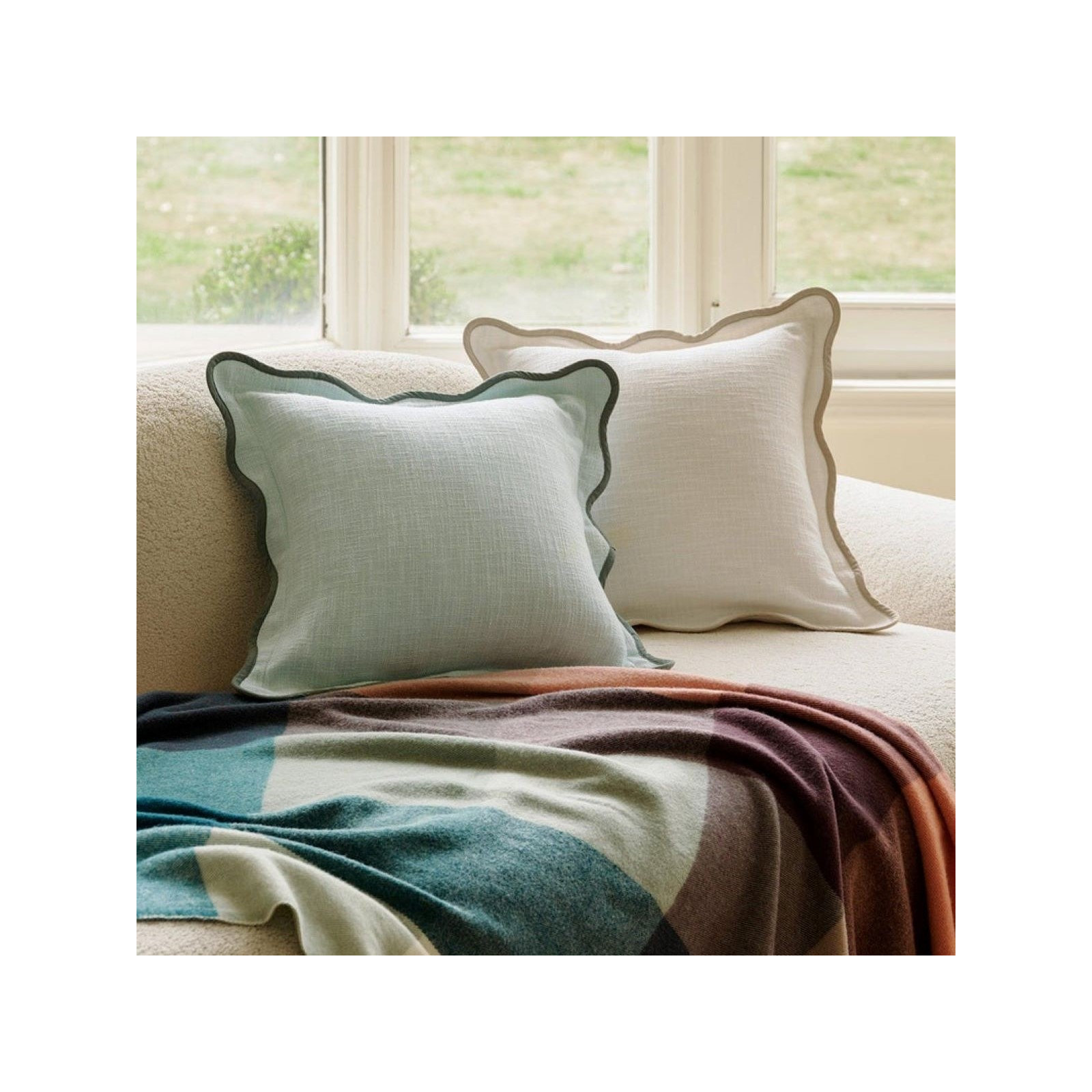 Double Stitch Scalloped Cotton Throw Pillow , Aqua Mint