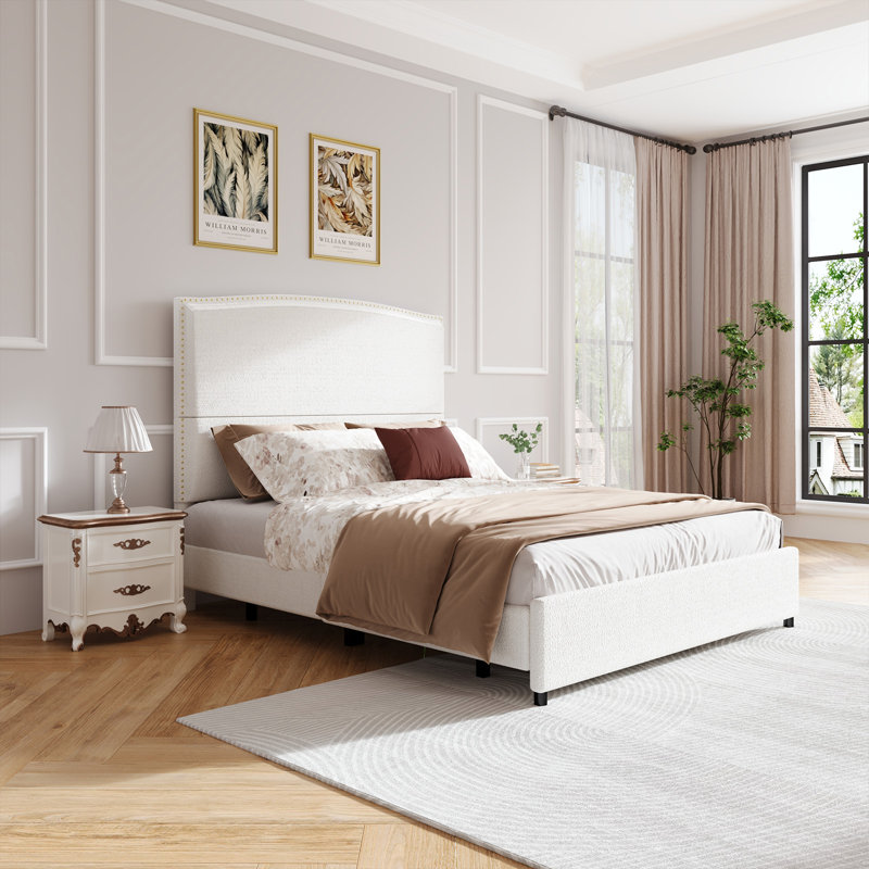 Bed Frame with 56" Tall Headboard, Boucle Upholstered Platform Bed with Nailhead Trim, Soft Fabric, No Box Spring Needed, Easy Assembly