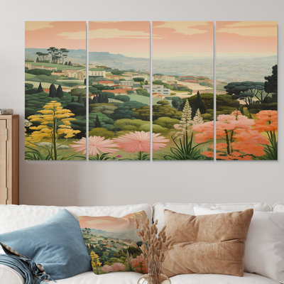 «Pink Flower Sunset Over Beverly Hills - City Buildings», ensemble de 4 décorations murales