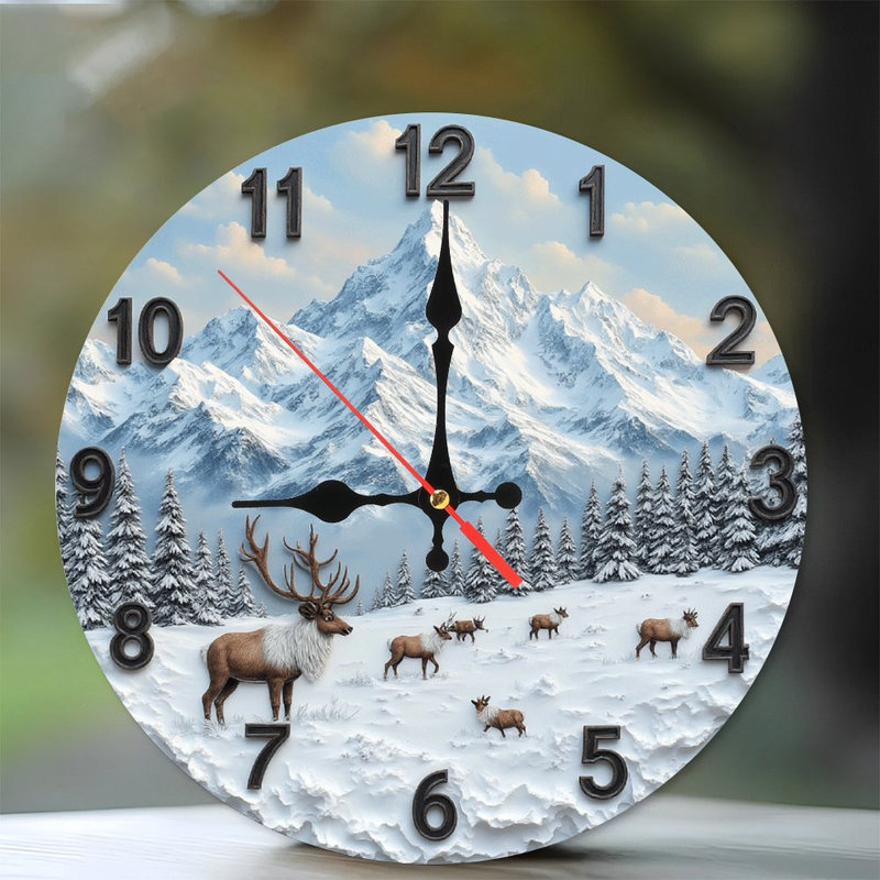 Winter Reindeer Mountain Clock Wall Art Decor
