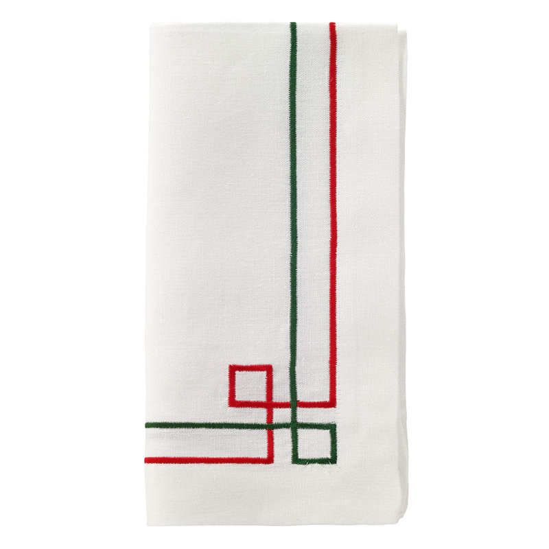 Link Embroidered Linen Napkin, White/Red/Green