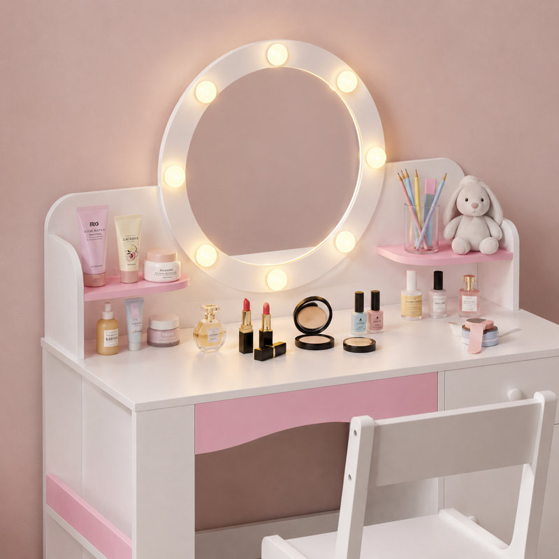 Bureau de coiffeuse pour enfants avec miroir lumineux et tabouret