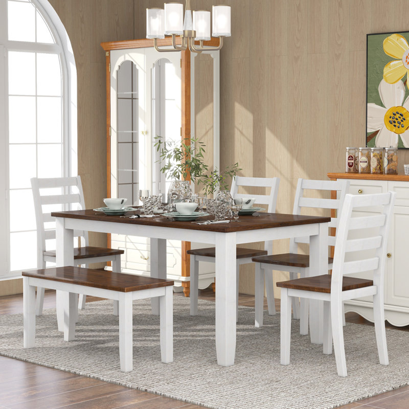 Rustic Walnut Rectangular Dining Table Set with 4 Chairs and Bench