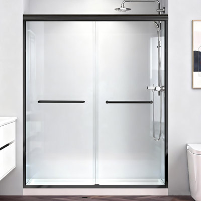 56 à 60 po X P 72 po H Porte de douche coulissante semi-sans cadre en noir mat Verre trempé épais