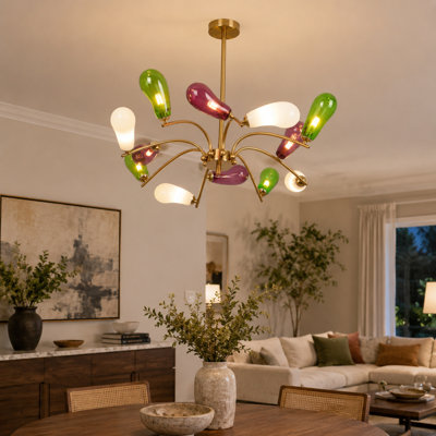 Lustre Sputnik à 12 lumières en laiton, abat-jour en verre coloré, tiges réglables et ampoules G9 blanc chaud incluses