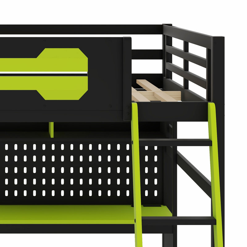 Lit mezzanine en bois avec bureau intégré, tablettes de rangement, lumières DEL, ports de chargement USB et panneau perforé