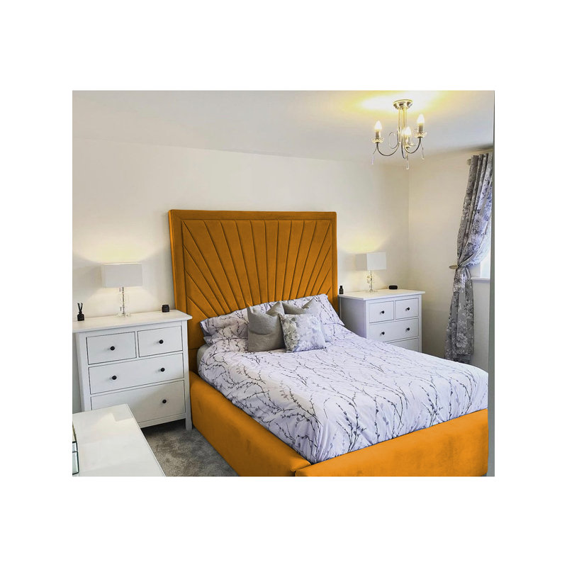 Odie Plush Velvet Upholstered Bed Frame - Sprung Slats, Padded Headboard, Single (3'), Mustard