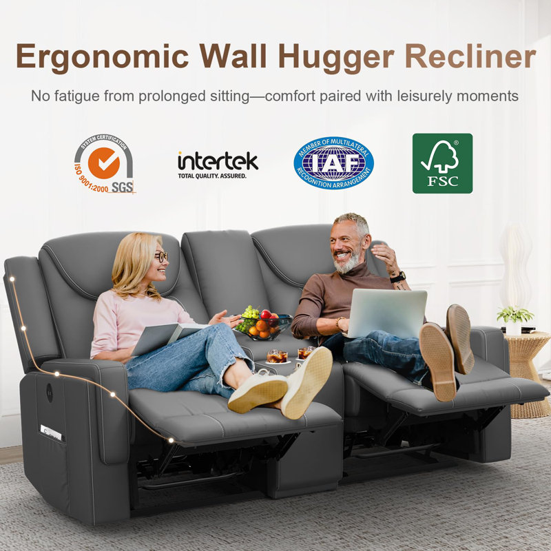 Modern PU Leather Wall Hugger Recliner Loveseat with Console, USB Ports, Cup Holders & Storage - Ergonomic Manual Reclining Sofa