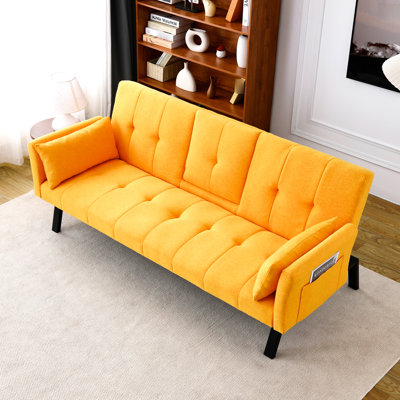 Lit pliant en coton et en lin de 70 pouces, gris foncé, avec rangement central pour porte-gobelet, idéal pour les petits espaces de vie, jaune, appartements avec accoudoirs