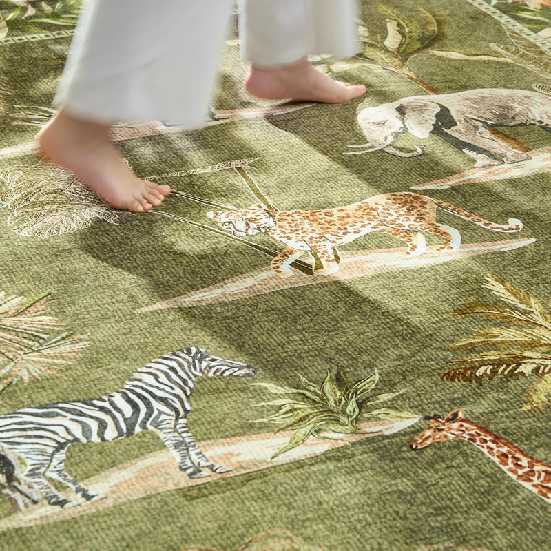Animals Print Washable Ultra-Thin Non-Slip Area Rug, Round 8', Jungle Green