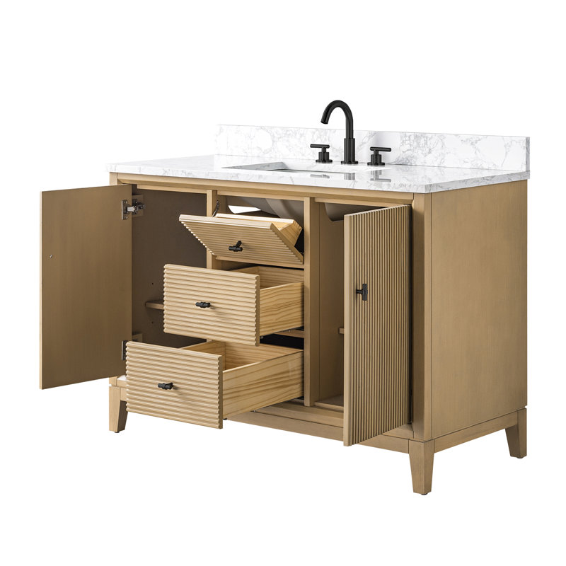 Ensemble de meuble-lavabo autoportant 48 po avec plateau en marbre Caldwell, Chêne naturel, Blanc Ariston, Noir mat