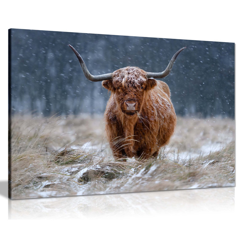 Brown Highland Cow In Snow Fields Artistic - Wrapped Canvas Art Prints, 61cm H x 41cm W