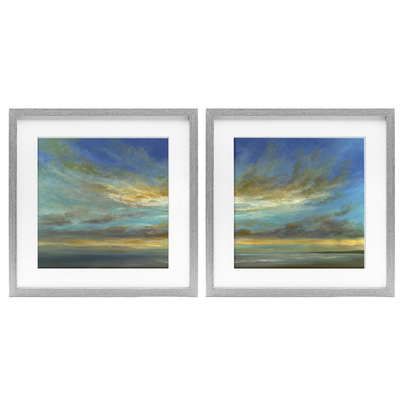 Ensemble de 2 impressions encadrées sous le verre, "Sunset Sunset", par Sheila Finch, Cadre de ferme gris, H 16 po x l 16 po