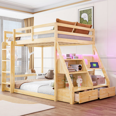 Lit superposé double avec DEL 7 couleurs contrôlées par l'application, ports USB, tablettes de rangement et 2 tiroirs, naturel