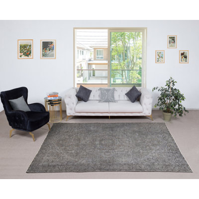 Tapis gris en laine noué à la main de 6,6 x 9 pi. Tapis turc surteint pour les maisons modernes et classiques