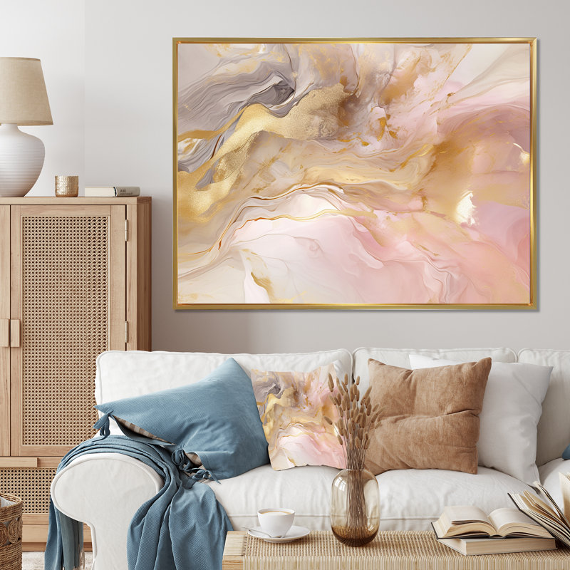 Exquis symphonie abstraite rose et pastel doré I - art abstrait de peinture murale pour le salon, H 24 po x l 32 po x P 1 po