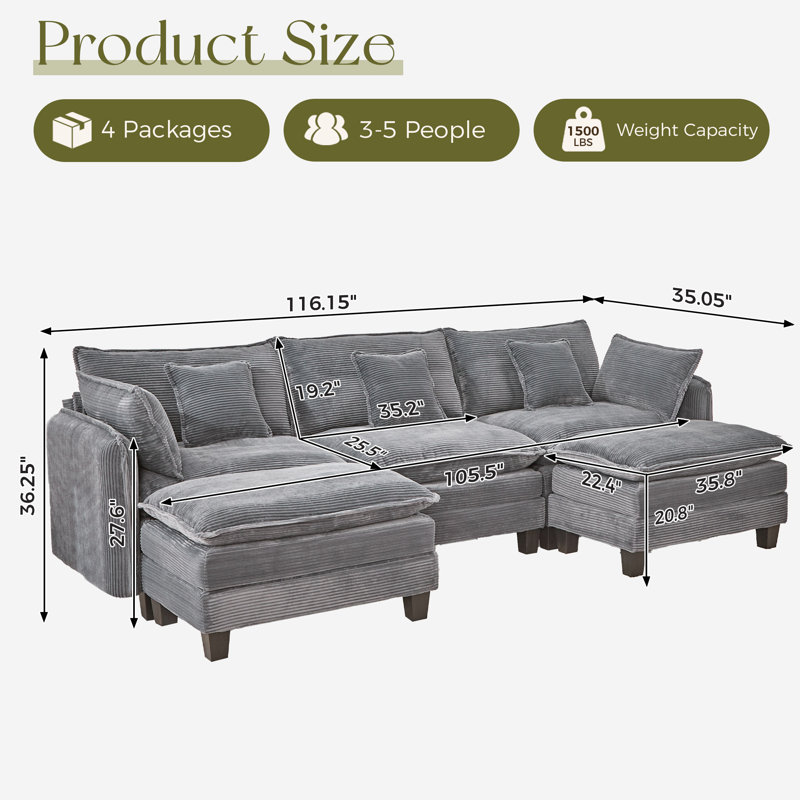 116" U Shaped Sectional Modular Couch, 3-Seater Comfy Cloud Sofa, Set Of Modular Pieces With Movable Ottoman, Deep Seat Couches For Living Room, Corduroy