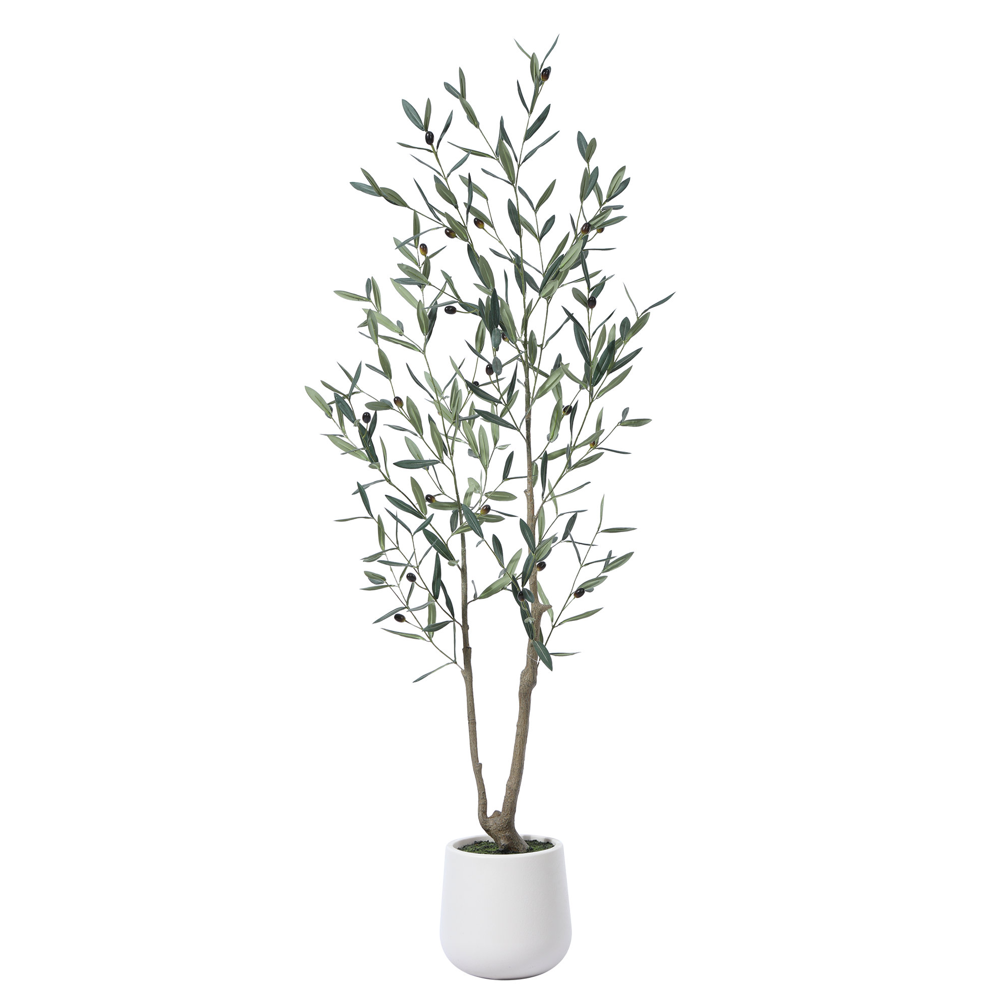 AdcockFaux Olive Tree with Round White Planter, Pre Potted Fake Greenry Olive Plant for Home Decor, 60" H x 20" W x 20" D